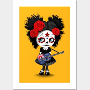 Sugar Skull Girl Playing New Zealand Flag Guitar Posters and Art